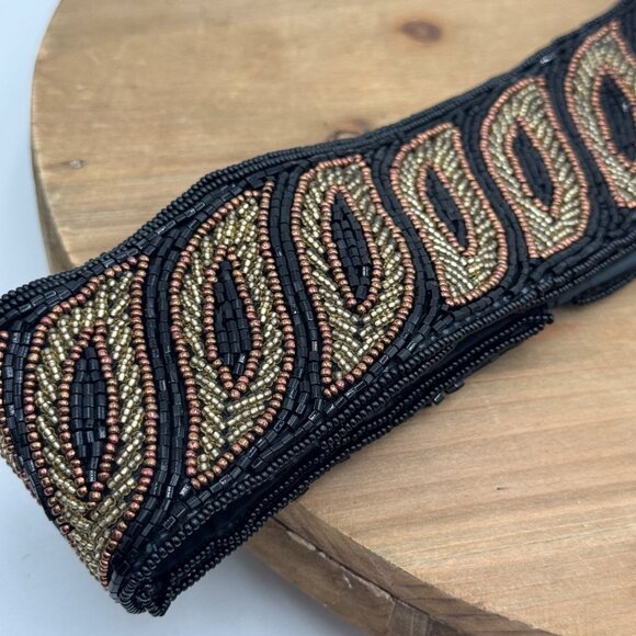 La Regale Fabric Beaded Black Gold Silver 2.25” WIDE Belt SZ S Hook Loop vintage - Picture 5 of 14